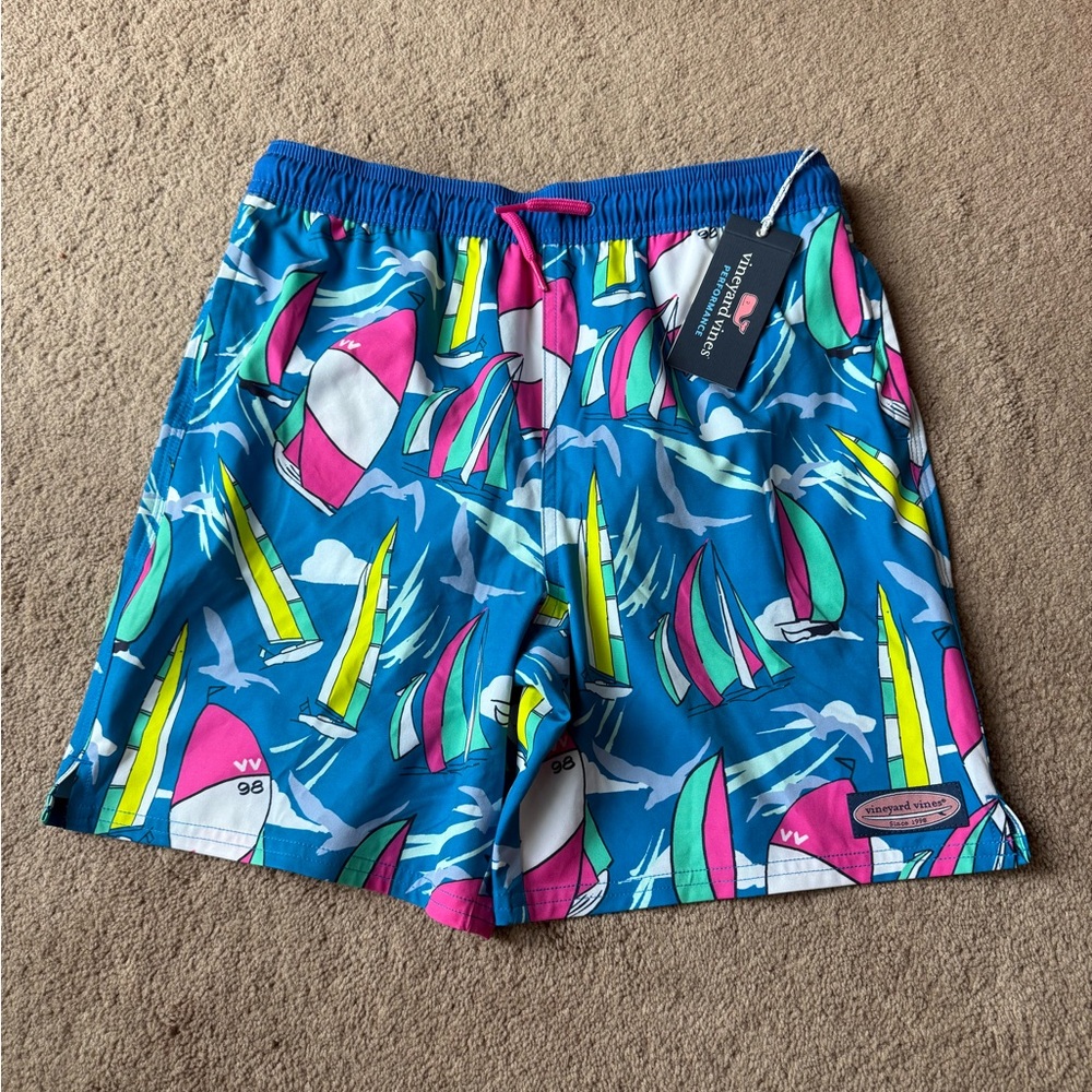 Vineyard Vines Blue Sailboat Print Boys L Swim Shorts with Pink & Yellow Accents